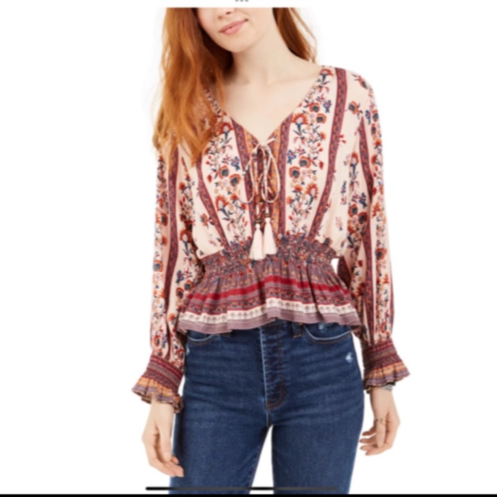 Gypsy Love Bohemian Style Long Sleeve Lace Up Front Smocked Waist Top Size S/M